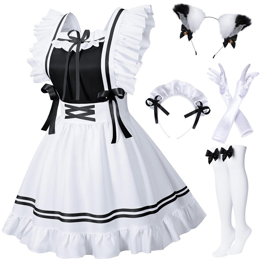 1905 Classic French Maid Costume Apron Fancy Dress Cosplay Outfit Headwear